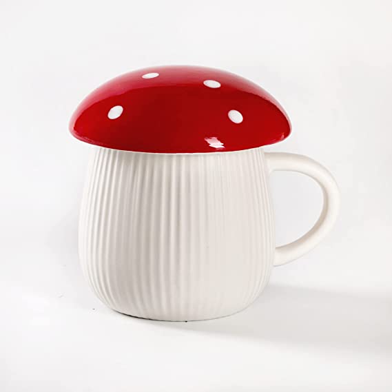 AVAFORT Mushroom Lid Ceramic Coffee Mug Mushroom Ceramic Mug with Handle and Lid, 10oz (RED WITH DOT)