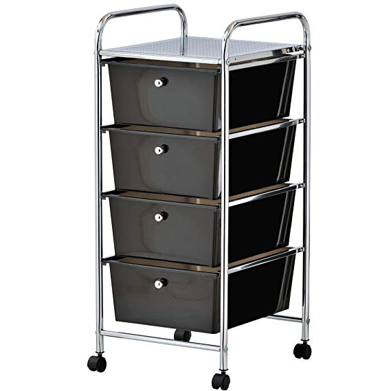 VonHaus 4 Drawer Storage Trolley | For Home Office Stationery and Organisation or Salon, Make-up, Hairdressing & Beauty Accessories | Mobile Design with 4 Tier Shelving and Castor Wheels | Black