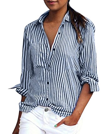 ZANZEA Women Vertical Stripe Lapel Casual Long Sleeve Button Pocket Blouse Shirts