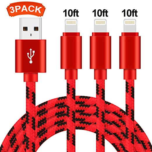 TAIKON Phone Cable 3Pack 10FT Nylon Braided USB Charging & Syncing Cord Compatible with iPhone X iPhone 8 8 Plus 7 7 Plus 6s 6s Plus 6 6 Plus iPad iPod Nano (Black Red)