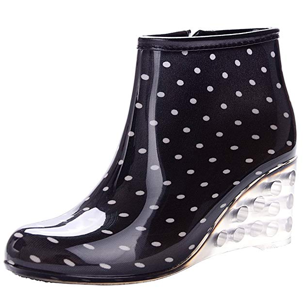 Odema Womens Ankle High Rain Boots Side Zipper Wedge High Heel Waterproof Shoes Winter Snow Wellies Bootie