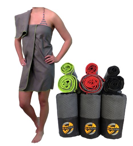 Microfiber Sports, Gym, & Fitness Towel | FREE BONUS Small Hand Size With Large | Extra Compact for Beach, Hiking, Camping & Travel | Dries Faster at Pool & Golf | by SunActive