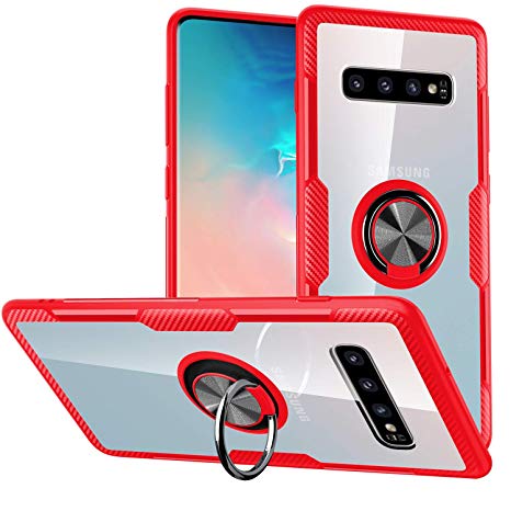 Galaxy S10 Case,SQMCase Crystal Clear Carbon Fiber Design Armor Protective Case with 360 Degree Rotation Finger Ring Grip Holder Kickstand [Work with Magnetic Car Mount] for Galaxy S10,Red