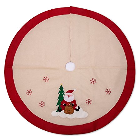 iPEGTOP 42" Burlap Rustic Christmas Tree Skirt - Classic Holiday Decorations Woodland Santa Snawflake Embroidery - Begie Red Rim