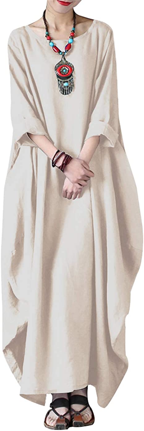FLORHO Women's Maxi Dresses Solid Kaftan Loose Cotton Long Dress Improve for Americans