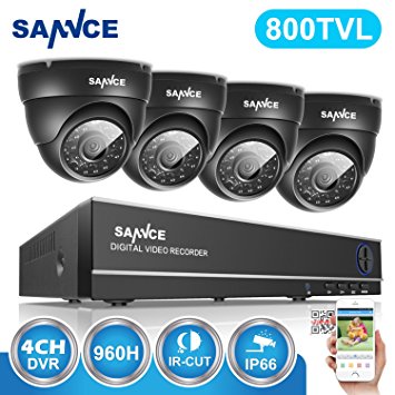 Sannce 4CH Full 960H Video DVR Recorder with 4x 800TVL Surveillance Dome Cameras, Super Night Vision, IP66 Weatherproof , P2P & QR Code Scan Easy Remote Access (NO HDD)