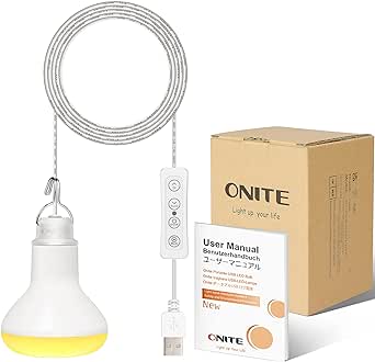 Onite Camping Lamp, 3 Colours Dimmable USB LED Camping Light Tent Lamp with Hanging Hook, 9 W 4500 K Camping Lantern Emergency Light Mosquito Repellent Bulbs for Porch, Balcony, Backyard, Garage