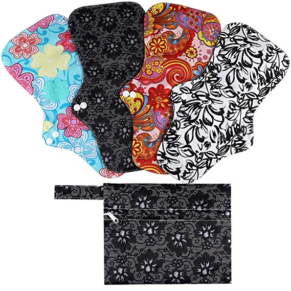 Rovtop 4 pcs 35cm Bamboo Washable Sanitary Pads Cloth Menstrual Pads for Night, Sport and Postpartum Care,with1 Mini Carry Bag