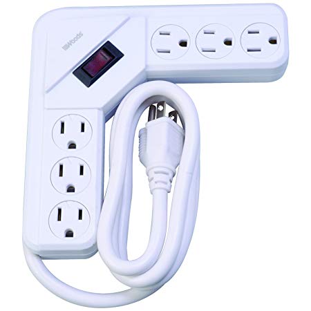 Woods 41378 L-Shaped Power Strip with 6 Outlets, Overload Safety Feature, 4 Foot Cord, White