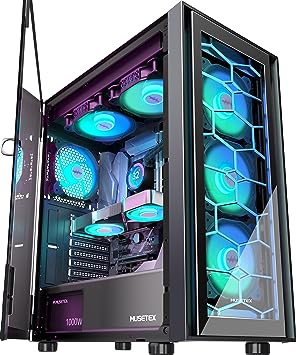 MUSETEX 6 PWM ARGB Fans Pre-Installed Mid-Tower ATX PC Case, Double Tempered Glass Computer Case, Full View Gaming PC Case, USB 3.0 x 2, Black, G07