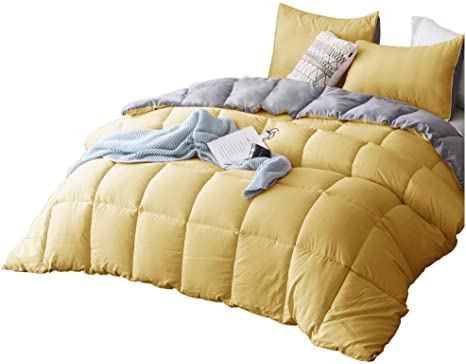 KASENTEX All Season Down Alternative Quilted Comforter Set Reversible Ultra Soft Duvet Insert Hypoallergenic Machine Washable (Yellow/Grey, Queen Set)