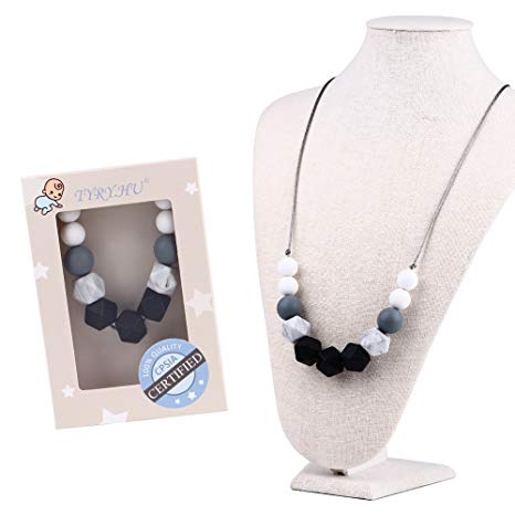 TYRY.HU Silicone Teething Necklace for Mom to Wear BPA Free Chew Beads Jewelry Teether Toy for Baby Teething Relief, Nursing, Breastfeeding (Black Marble)