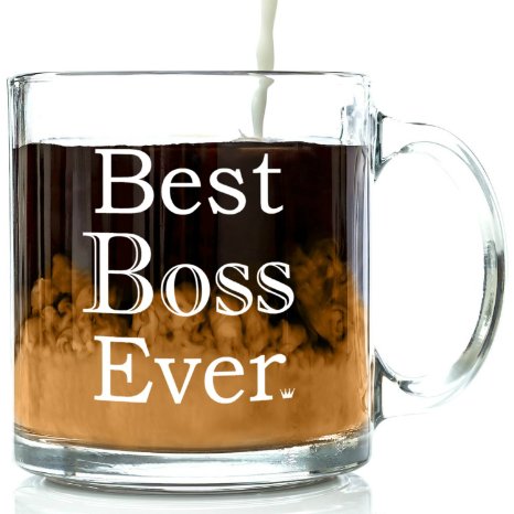 Best Boss Ever Glass Coffee Mug 13 oz - Work and Office Gifts For Worlds Best Male or Female Boss, Manager or Coworker - Top Birthday and Retirement Present Ideas For Men and Women