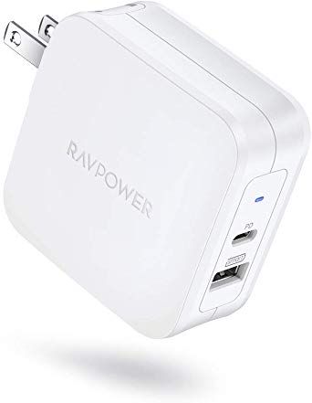 USB C Power Delivery Charger, RAVPower 61W Type C PD 3.0 Power Adapter, 2 Port USB Wall Charger, Compatible with MacBook Pro Air, Dell XPS, iPad Pro 2018, Nintendo Switch, iPhone 11 iPhone 11 Pro iPhone 11 Pro Max and More - White