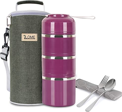 ILOME Lunch Bento Box with Stainless Steel 3-Tier Leak-Proof Stackable Bento Boxes Spoon and Fork Set for Women Men School Working (Purple(Lunch Bags))