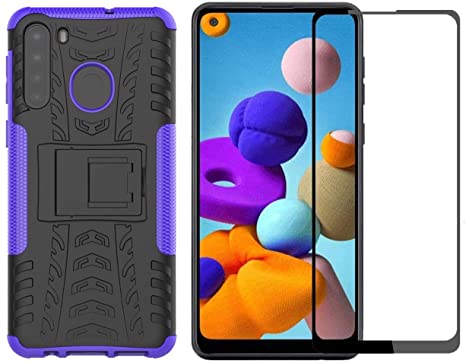 Samsung Galaxy A21 Case with Screen Protector, Yiakeng Shockproof Silicone Protective with Kickstand Hard Phone Cover for Samsung Galaxy A21(Purple)