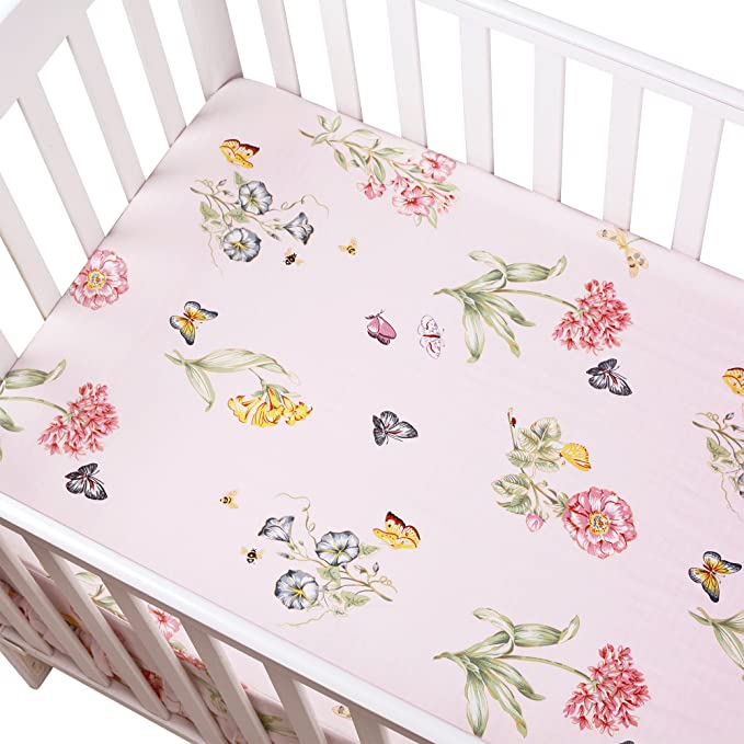Brandream Pink Butterfly Sweet Flower Printed Crib Sheets Girl Fitted Baby Sheet 100% Hypo-allergenic Soft Cotton