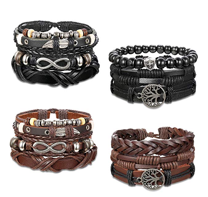 Yadoca Bracelet Mens Leather Cuff Wrap Punk Bracelets for Women Braided Cord Handmade Jewelry Set Adjustable