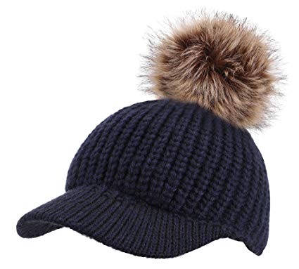 ARCTIC Paw Kids Cable Knit Beanie with Faux Fur Pompom and Brim Shade