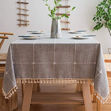 Mokani Washable Cotton Linen Stitching Tassel Design Tablecloth, Rectangle Table Cover Great for Kitchen Dinning Tabletop Buffet Decoration (55 x55 Inch, Gray)