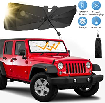 Windshield Shade Umbrella Compatible with Wrangler JK JKU, JoyTutus Custom-fit Blocks Rays Sun Umbrella Visor Protector Foldable Umbrella, Keep Your Car Cool Car Sun Umbrella for JK JKU 2007-2018