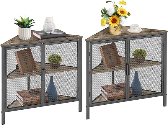 VECELO Corner Cabinet Table with 3-Tier Shelf, Free-Standing Storage Organizer for Small Space in Living Room/Bedroom/Kitchen, Set of 2, Two Doors(2 Set), Grey