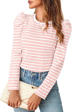 MEROKEETY Women's Puff Long Sleeve Striped Tops Crew Neck 2024 Fall Casual Knit Basic Tee Shirts