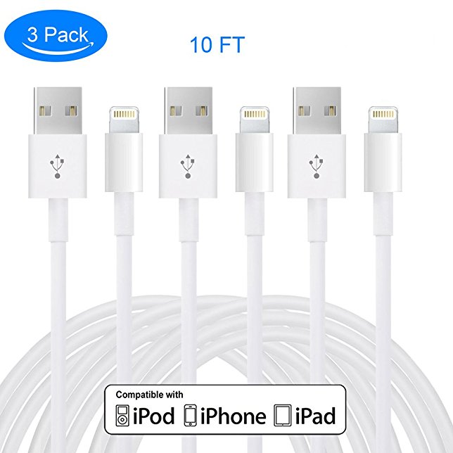 Lightning Cable, Sunskey Lightning to USB Charging Cord 3Packs, 3m Date Transfer and Charging Cable for iPhone X/ 8/ 8 Plus/ 7/7Plus/6s Plus/6s/6/6 Plus, iPad mini, iPad 5,iPod 7 (10FT 3Packs-White)
