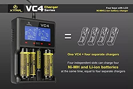 Nicholas XTAR VC4 Portablel Tetrad Slots Intelligent Universal Li-ion/Ni-MH Battery Charger with LCD Screen, Applicable to 14500/14650/16340/17500/17670/18350/18490/18500/18650/18700/22650/25500/26650, 3.6/3.7V Li-ion Batteries and AAA/AA/A Ni-MH Batteries