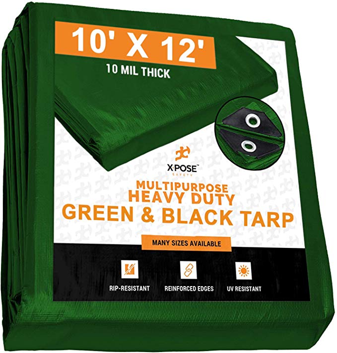 Heavy Duty Poly Tarp 10 Feet x 12 Feet 10 Mil Thick Waterproof, UV Blocking Protective Cover - Reversible Green and Black - Laminated Coating - Rustproof Grommets - by Xpose Safety