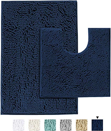 Original Shaggy Chenille 2 Piece Bath Rug Set, 20x20 Square U-Shape Contoured Toilet Mat & 32x20 Carpet Rug, Machine Wash/Dry Mats, Soft, Plush Rugs for Tub Shower (Navy)