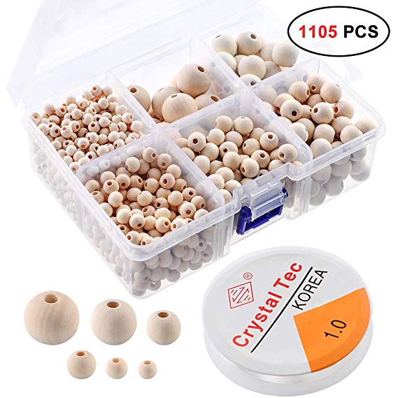 1105 Pcs Wooden Beads, Unfinished Wood Beads and Natural Round Wood Beads Set with Crystal Elastic Line, 6 Sizes ( 6 mm/ 8 mm/ 10 mm/ 12 mm/ 16 mm/ 20 mm) Boxed Wood Beads for DIY Jewelry Making