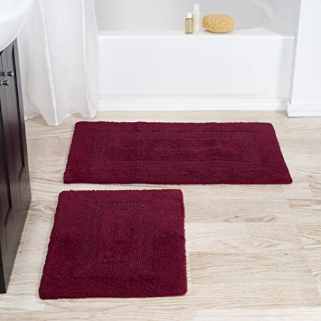 Cotton Bath Mat Set- 2 Piece 100 Percent Cotton Mats- Reversible, Soft, Absorbent and Machine Washable Bathroom Rugs By Lavish Home (Burgundy)