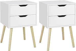 Yaheetech Table de Chevet Lot de 2 Blanche, Table de Nuit pour Adulte, Chevet du Lit en Bois, Style Scandinave, 2 Tiroirs, Pied en Bois Massif Blanc