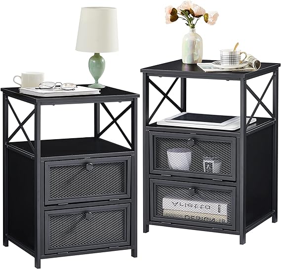 VECELO Black End Side Table, Modern Night Stand with Storage Space and Door, Set of 2 Nightstands with Flip Drawers for Living Room,Bedroom,Lounge