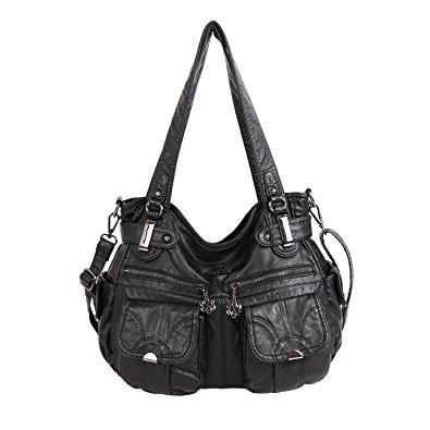 Angelkiss Large Double Zipper Multi Pocket Washed Shoulder bag