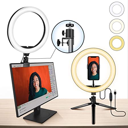 10" Laptop Ring Light MACTREM Ring Light with Tripod, Clamp & Phone Holder for YouTube Video, Makeup, Selfie, Photography, Live Streaming, Tiktok, 3 Light Modes & 10 Brightness Level