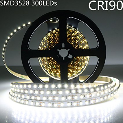 LightingWill LED Rope Lights CRI90 SMD3528 16.4Ft(5M) 300LEDs Nature White 4000K-4500K 60LEDs/M DC12V 24W 4.8W/M 8mm White PCB Flexible Ribbon Strip with Adhesive Tape Non-Waterproof H3528NW300N