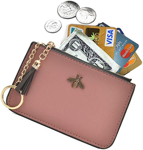 Tovly Womens Mini Leather Coin Purse Cash Wallet Card Holder Zipper Pouches with Key Ring