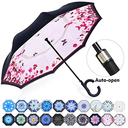 ZOMAKE Auto Open Double Layer Inverted Umbrella Cars Reverse Umbrella, UV Protection Windproof Large Straight Umbrella for Car Rain Outdoor with C-Shaped Handle