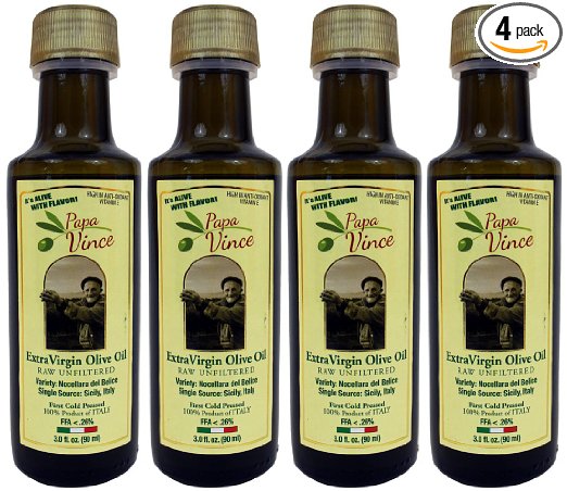 Olive Oil Extra Virgin Harvest 2016, Family Made, 100% Unblended First Cold Pressed, Single Sourced from Sicily, Italy, Unfiltered Unrefined Robust Rich in Antioxidants | 3 Fl Oz 4Pack - Papa Vince