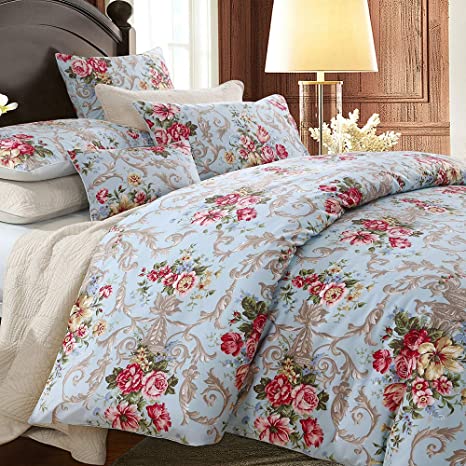 Softta Boho Chic Shabby Floral Classic Luxury Collection Elegant Peony And Leaves Bedding Sets Design California King Size 3Pc 1 Duvet Cover+2 Pillowcases/shams 100% Egyptian Cotton Duvet Cover Set