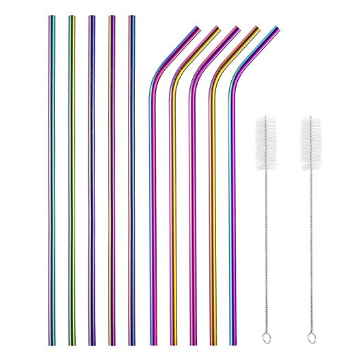 X-Chef Stainless Steel Straws,10 Reusable Colored Metal Drinking Straws & 2 Cleaning Brushes,10.5'' for 20 30 Oz Yeti Rtic Tumbler