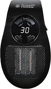 Russell Hobbs 500W Ceramic Plug Heater, Electric Heater Adjustable thermostat, 12 Hour Timer & LED Display, 2 Fan Speeds, 2 Year Guarantee, Black, RHPH2001B