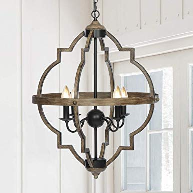 KingSo Pendant Light 4 Light Rustic Metal Chandelier 27.5'' Oil Rubbed Bronze Finish Wood Texture Industrial Ceiling Hanging Light Fixture for Indoor Kitchen Island Dining Living Room Farmhouse