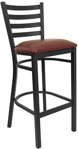 Flash Furniture XU-DG697BLAD-BAR-BURV-GG Hercules Series Black Ladder Back Metal Restaurant Bar Stool with Burgundy Vinyl Seat