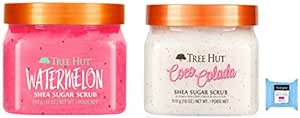 Tree Hut Shea Sugar Body Scrub, Watermelon, Coco Colada,18oz, 2PK, With Single Makeup Remover Cleansing Wipe