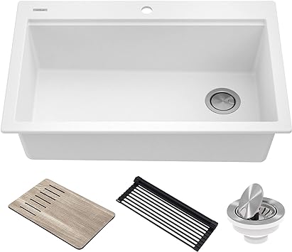 Kraus KGTW1-33WH Bellucci Granite Composite Single Bowl Drop-In Kitchen Sink with Accessories, White