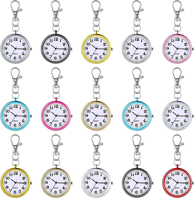 15 Pieces Quartz Nurse Pocket Watch Round Doctor Brooch Fob Watch with Key Buckle Hanging Nurse Watch Clip on Doctors Nurses Unisex Outdoor Activities