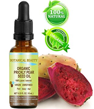 PRICKLY PEAR CACTUS SEED OIL ORGANIC. 100% Pure / Natural / Undiluted / Virgin / Unrefined Cold Pressed Carrier oil. 0.33 Fl.oz.- 10 ml. For Skin, Hair, Lip and Nail Care. "One of the richest in magnesium, amino acids, vitamins C, E, K and B, beta carotene, iron, calcium, potassium, Omega 3, 6 and 9 Essential Fatty Acids and many other nutrients. This oil is a very potent antioxidant." by Botanical Beauty